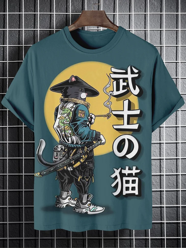 Men's Japanese Art Samurai Cat Illustration Print Casual T-Shirt