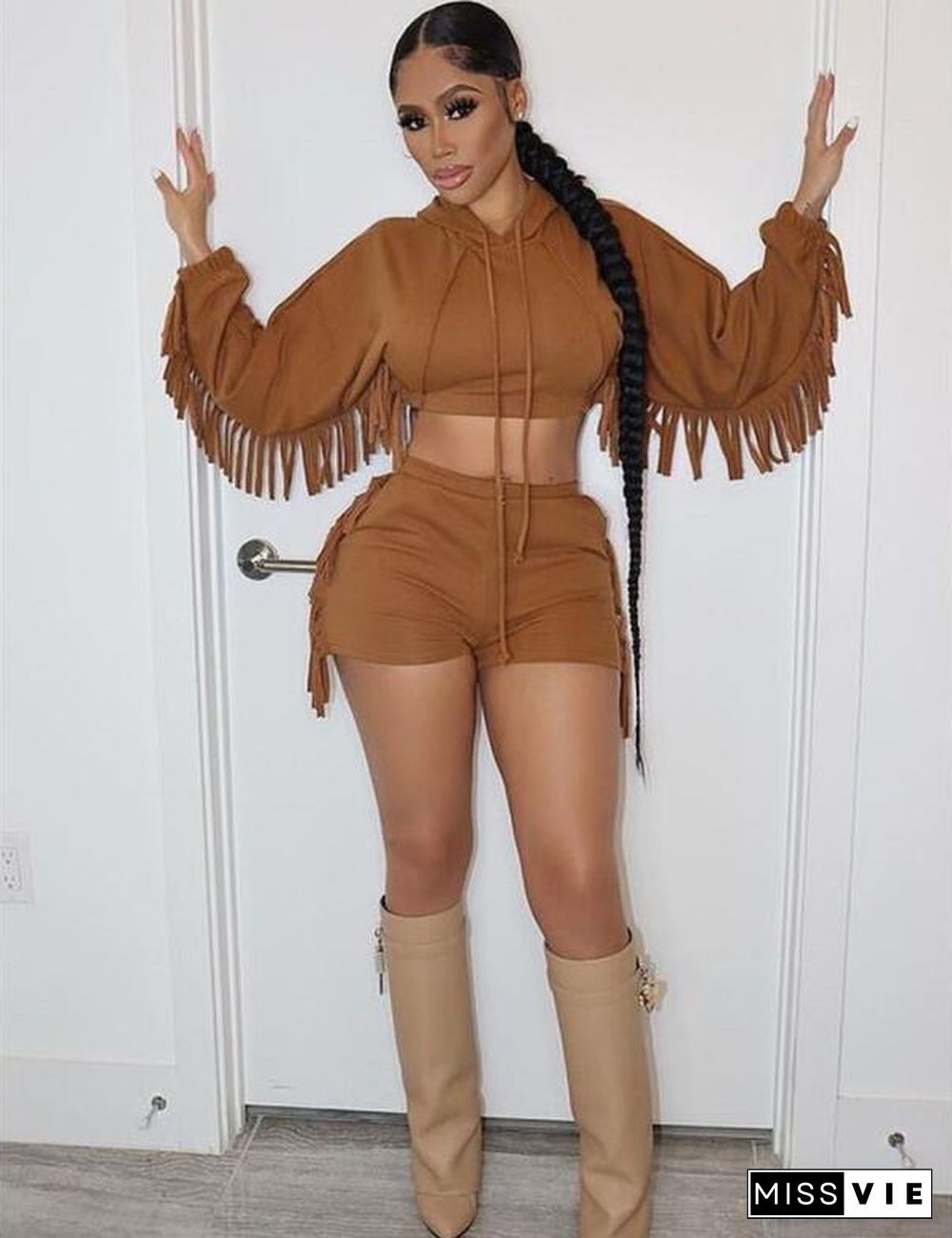 Tassel Hooded Crop Top+Bike Shorts Sets