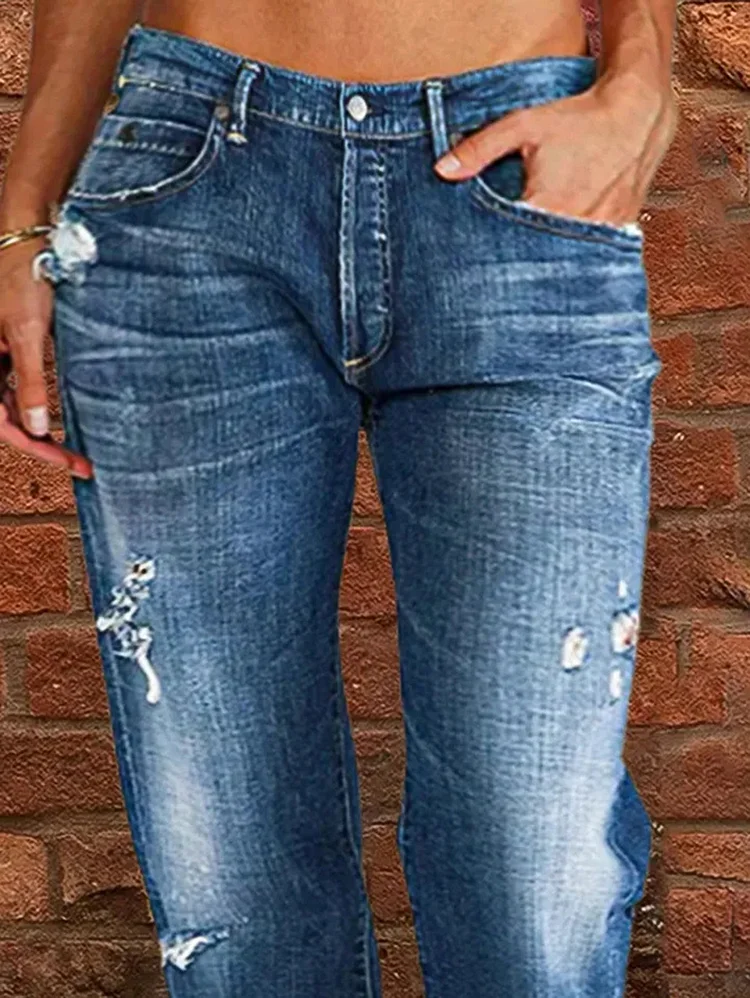 Casual Denim Washed Ripped High Waist Straight Leg Jeans