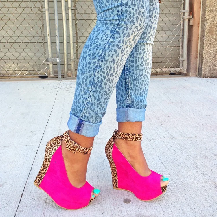 Magenta Leopard Print Wedge Heels Vegan Suede Ankle Strap Pumps |FSJ Shoes