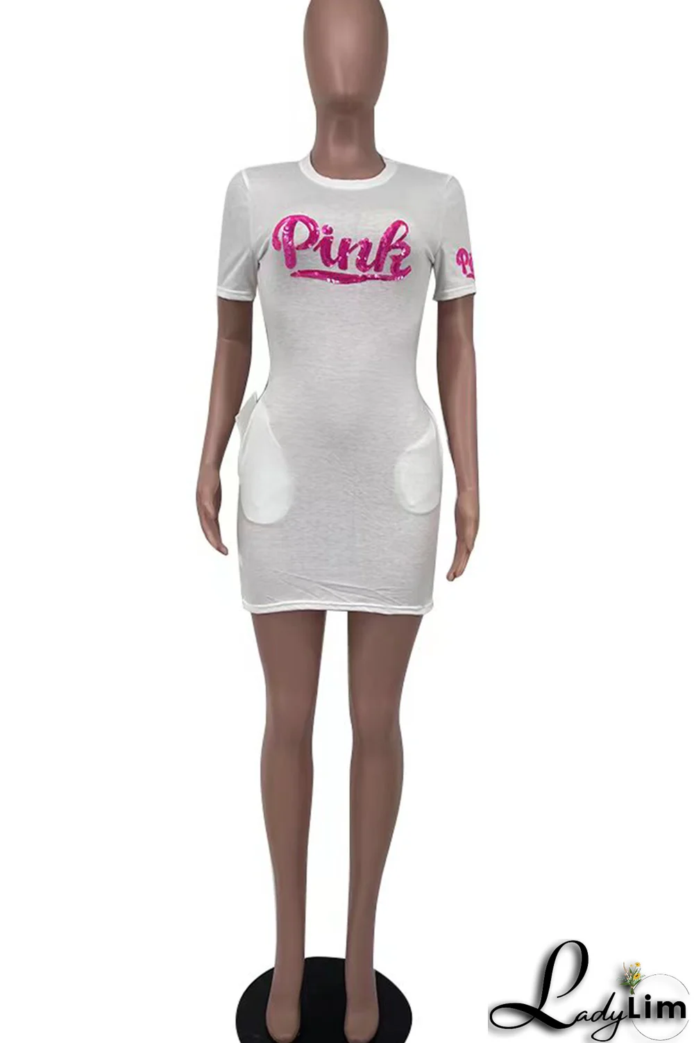 Pink Fashion Patchwork Sequins O Neck Pencil Skirt Dresses