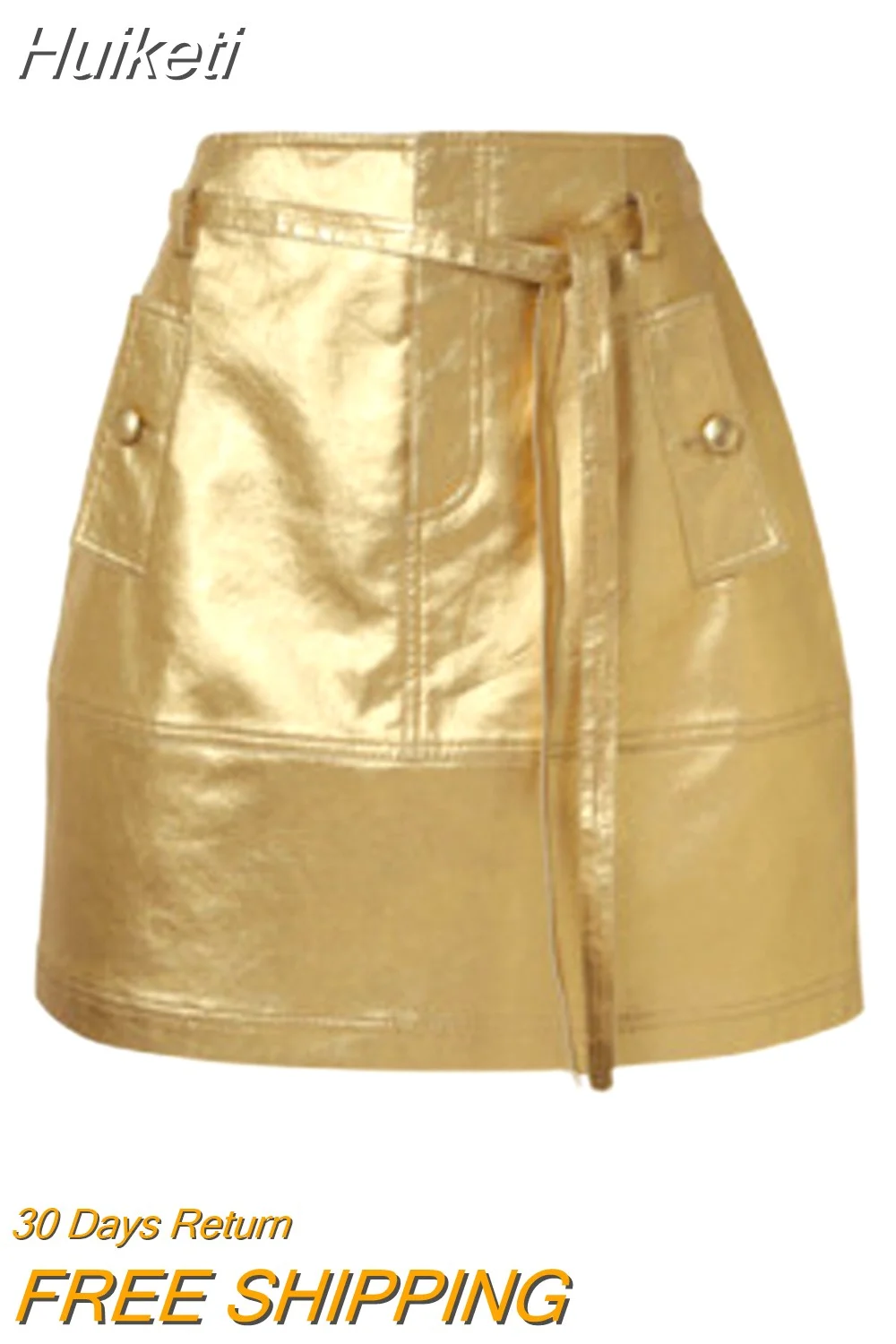 Huiketi Summer Autumn Gold Shiny Faux Leather Skirt Women with Sashes A Line Korean Style Clothes Streetwear 2023 Runway Fashion