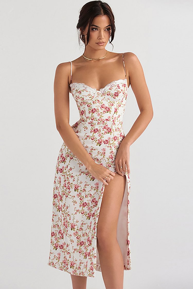 Vacation Dipsy Floral Print High Slit Slip Midi Dresses