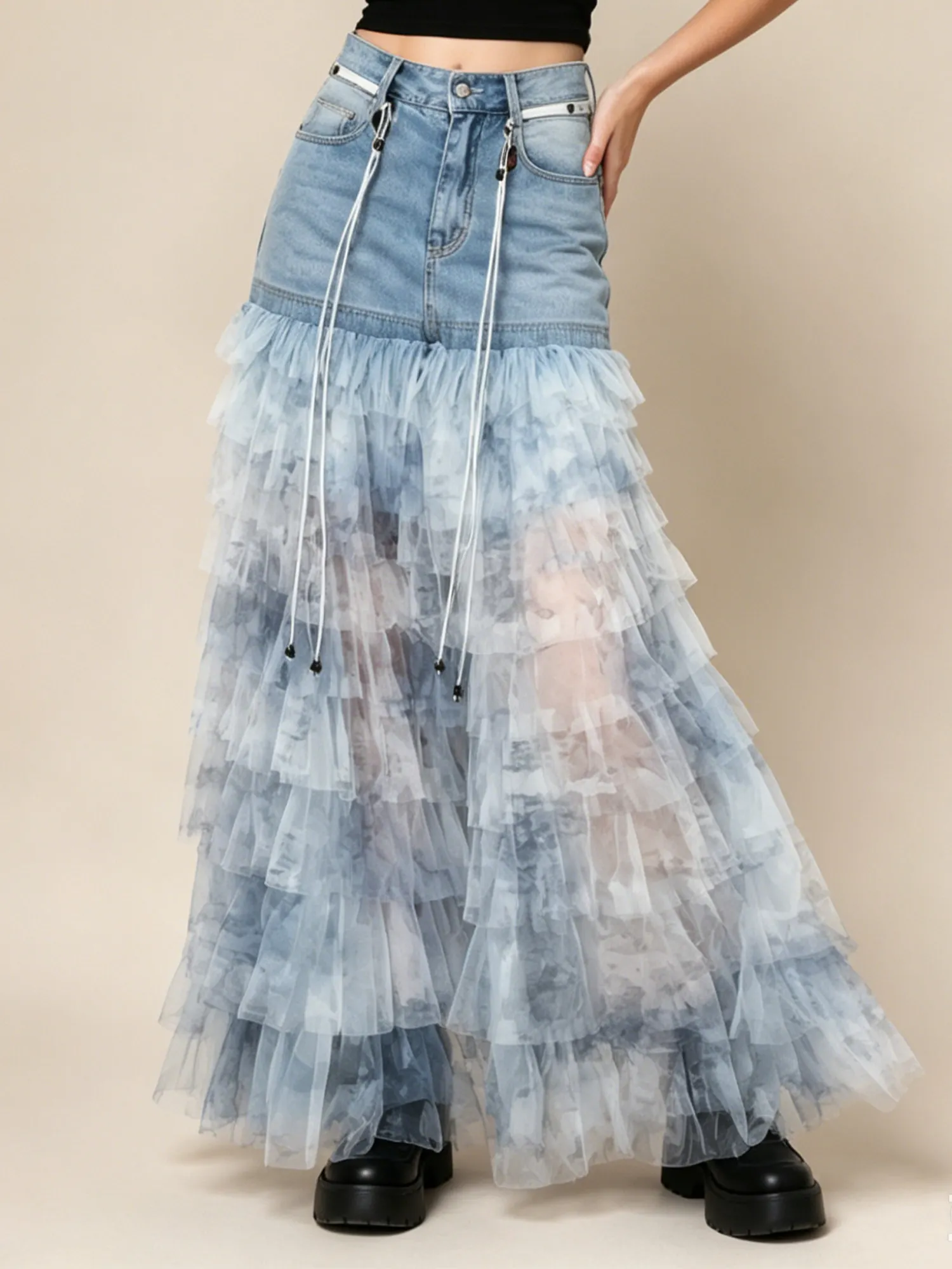Perfect for a Chic Western Date Night &mdash; Light Blue Printed Tulle Tiered Flowy Lightweight Denim Women's Long Skirt