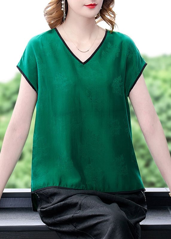 Elegant Green V Neck Top Quality Jacquard Patchwork Silk Tanks Short Sleeve