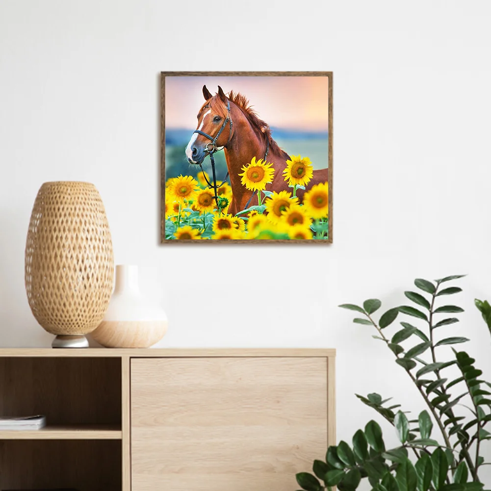Full Square Diamond Painting 35*35cm - Red Horse In Sunflower Field
