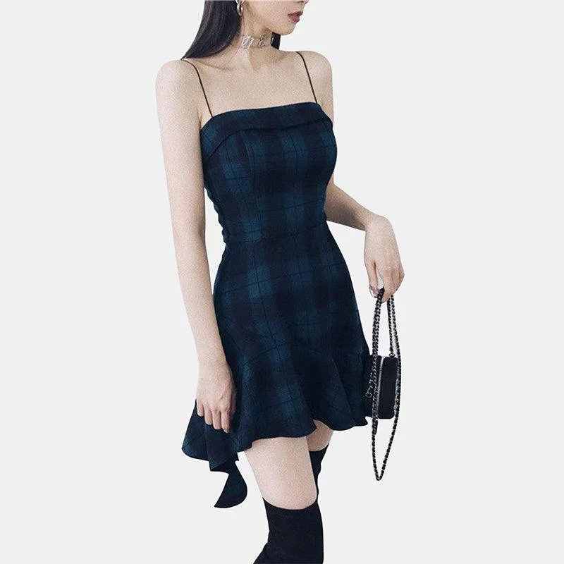Irregular Blue Plaid Suspender Summer Dress
