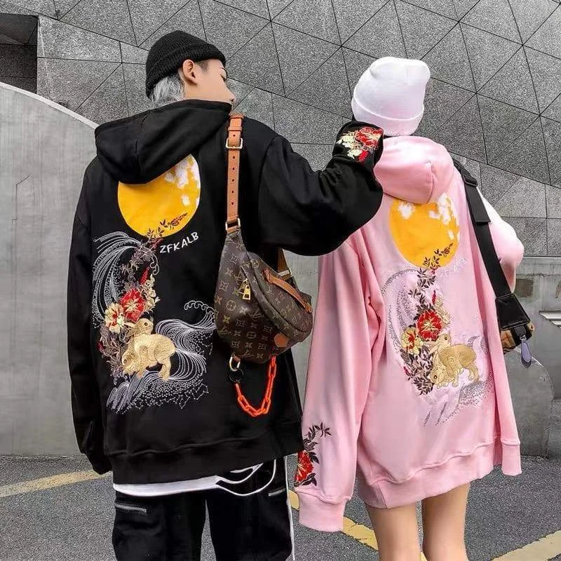 Black/Pink/White Embroidery Harajuku Moon Couples Hoodie SP16012