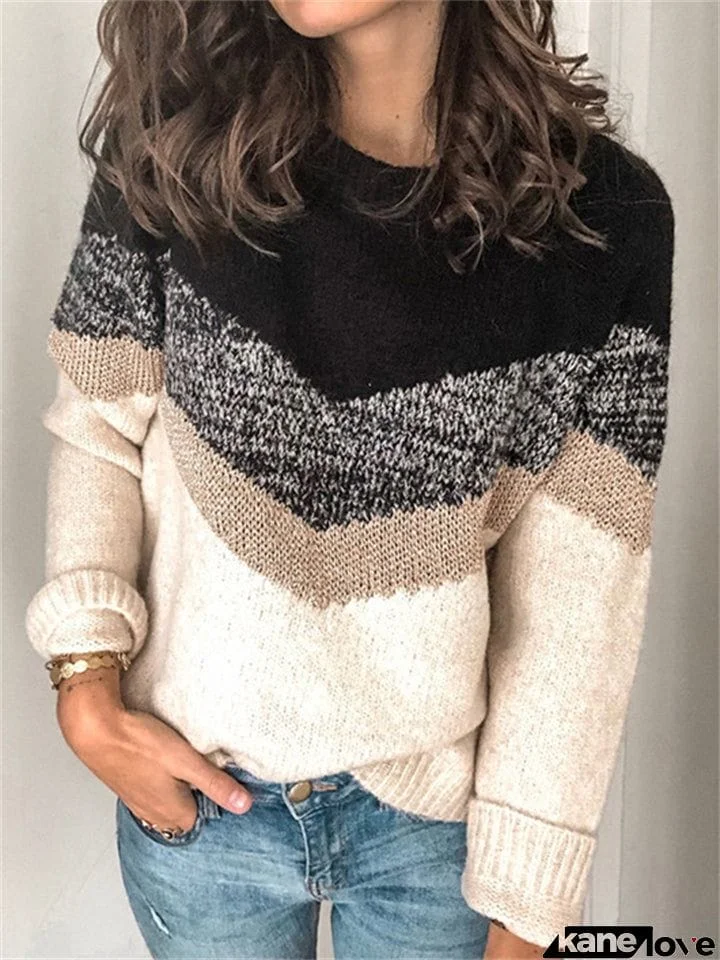 Trendy Striped Contrast Color Knit Pullover Round Neck Raglan Sleeve Sweater