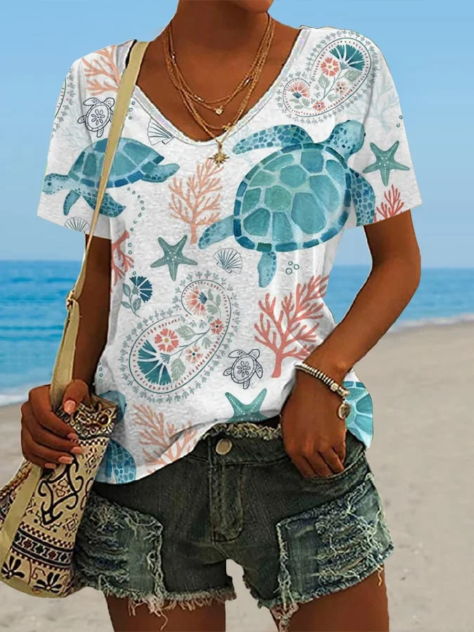 🔥Buy 3 Get 10% Off🔥Women's Hawaiian Turtle Print Casual V-Neck T-Shirt