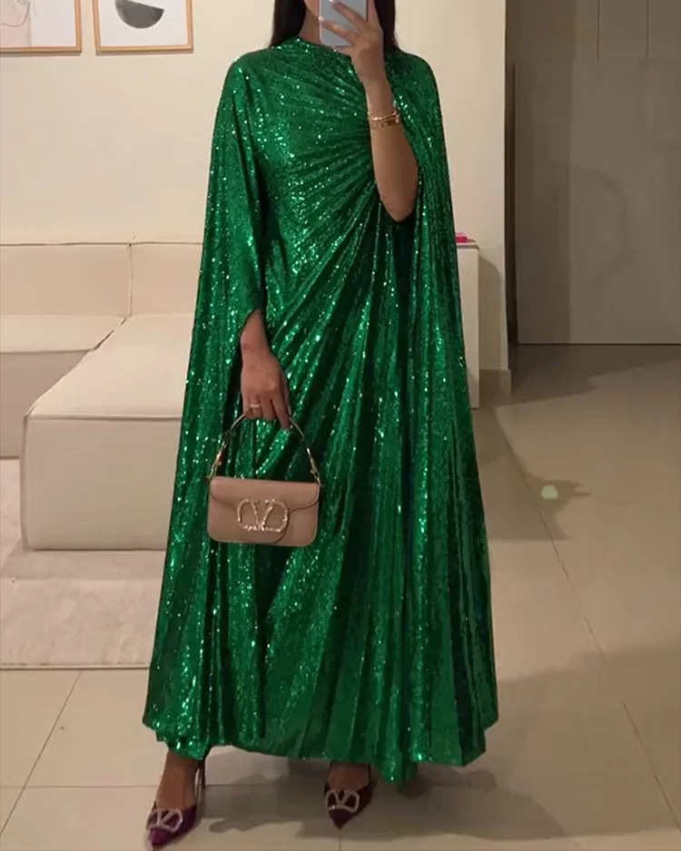 Women's Green Sequin Pleated Dress