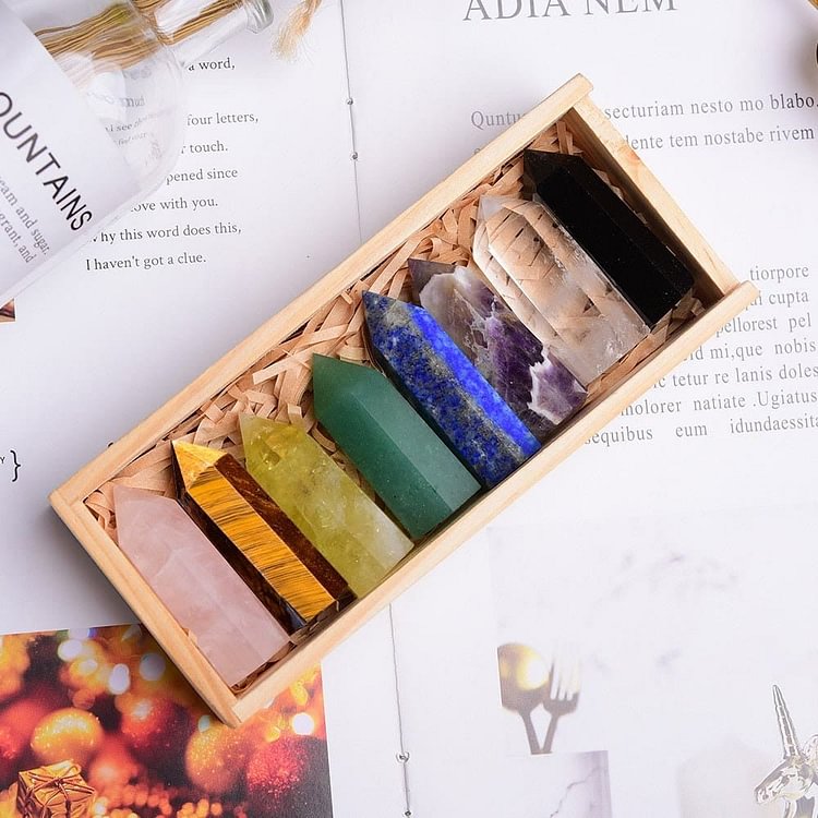 Eight Piece Natural Spire Chakra Crystal Wands Set