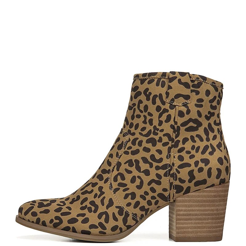 TAAFO Leopard Ankle Boots High Chunky Heels Woman Almond Toe Zipper Booties Ladies Shoes