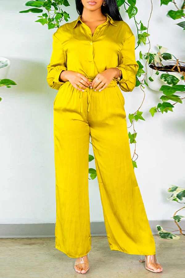 Simple Solid Color Satin Long Sleeve Blouse Drawstring Straight Leg Pant Suits
