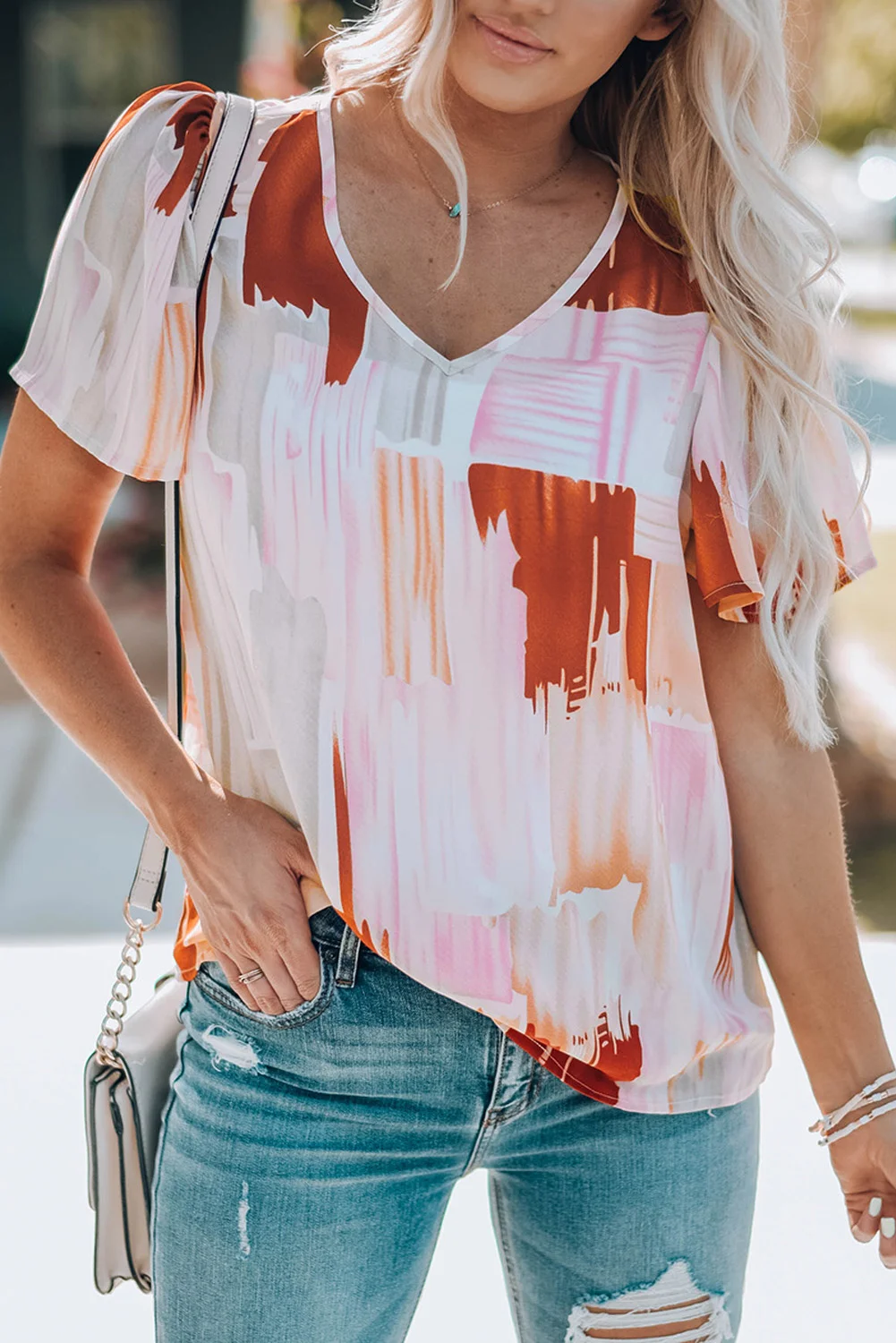 Multicolor Color Block Ruffled Short Sleeve V Neck T-shirt | IFYHOME
