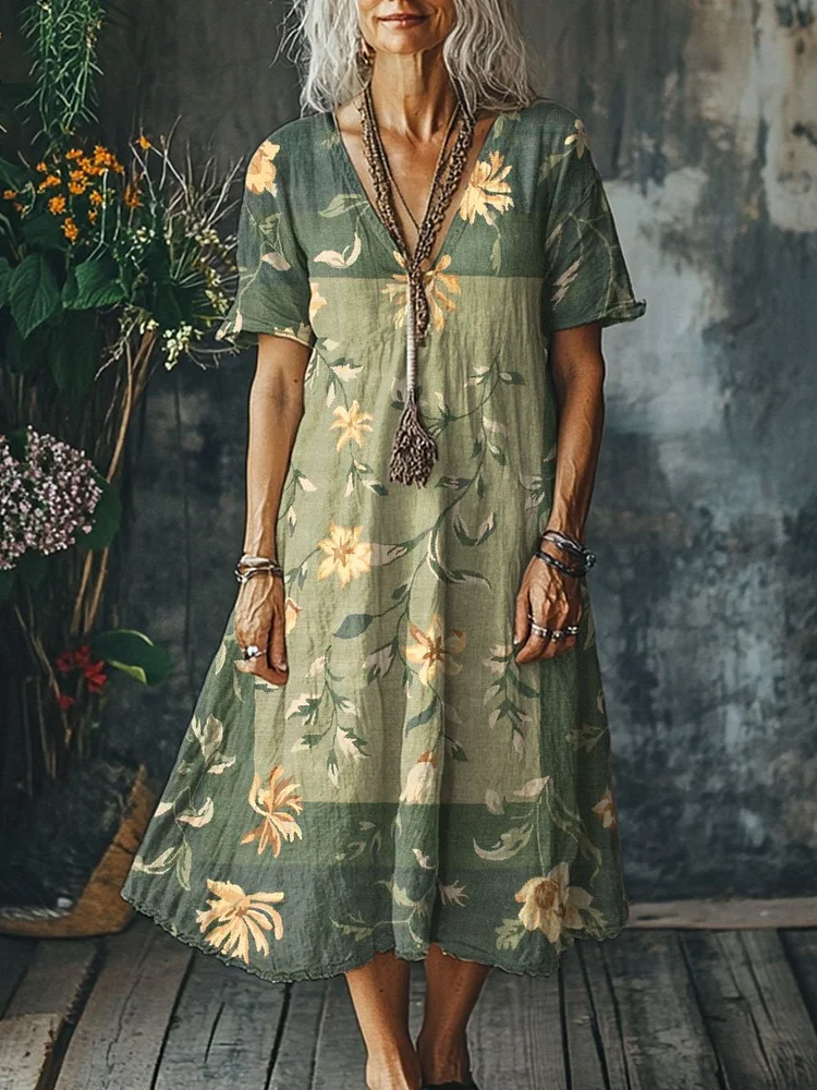 Women's Vintage Flower Art Print Pocket Cotton Dress