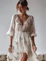 Bohemian Style Plant Flower And Butterfly Pattern Embroidery Design V-neck Woman's Long Dress
