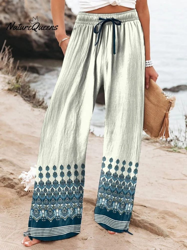 Women's Vacation Beige Cyan Symmetrical Retro Pattern Printed Cotton And Linen Casual Pants