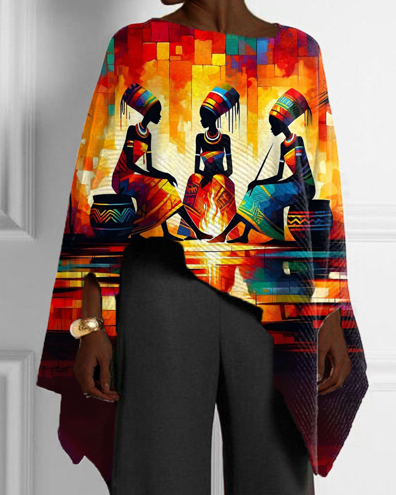 Ethnic Style Black Print Irregular Hem Blouse for Women