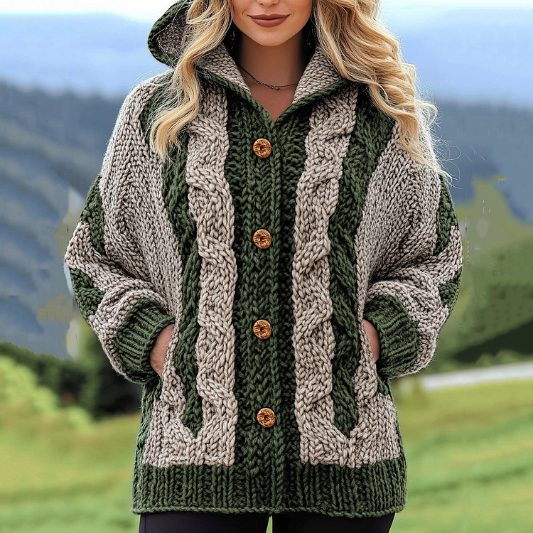VChics Women's Irish Jacquard Contrast Color Cozy Knit Sweater Hooded Cardigan
