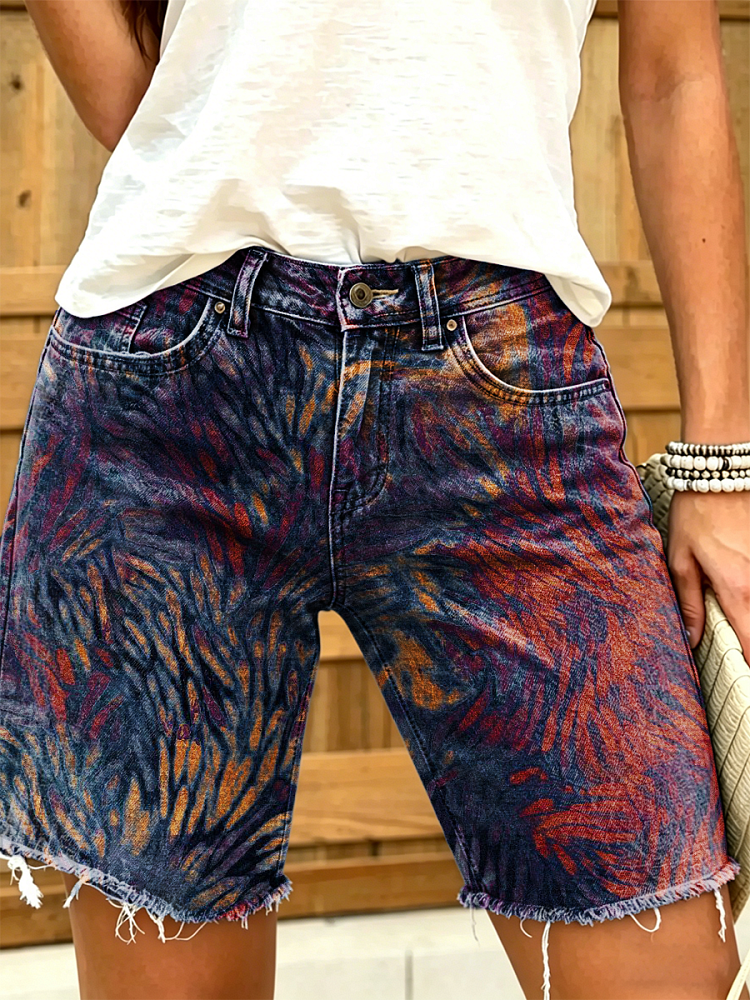 Women's Retro Art Print Casual Washed Cotton Denim Shorts