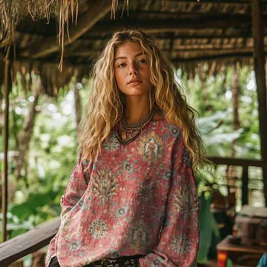Vintage Ethnic Floral Print Cotton and Linen Blend Loose Top