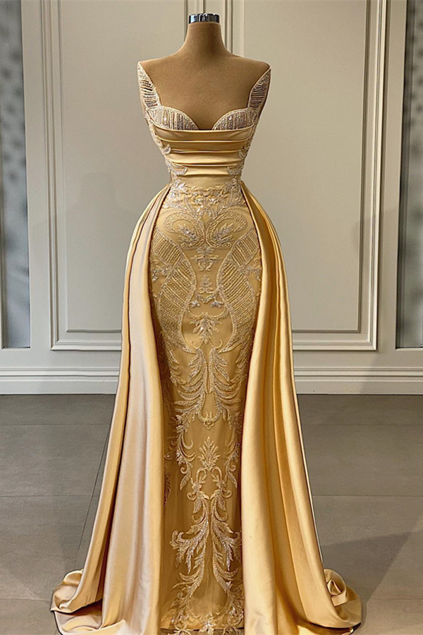 Classy Gold Sweetheart Mermaid Evening Dress Lace Overskirt - lulusllly