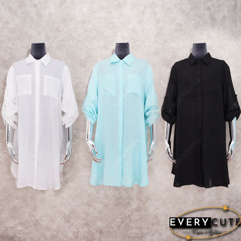 New Spring Summer Autumn Women Blouse V-Neck Long Sleeve Pocket Solid Shirts Women Casual White Blouse For Beach Tops Q469