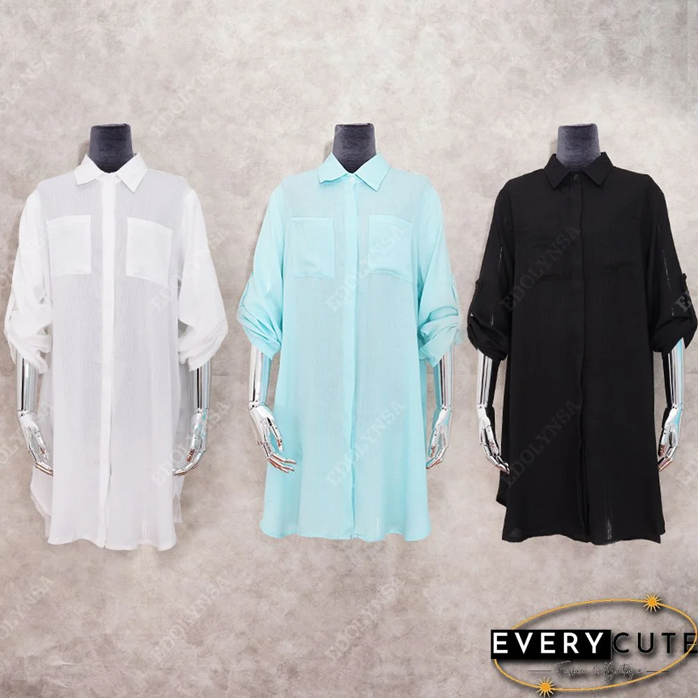 New Spring Summer Autumn Women Blouse V-Neck Long Sleeve Pocket Solid Shirts Women Casual White Blouse For Beach Tops Q469