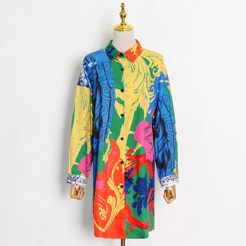 Toloer Patterned Shirts For Women Colorblock Loose Plus Size Lapel Long Sleeve Bohemian Style Blouses Female 2021 Clothing