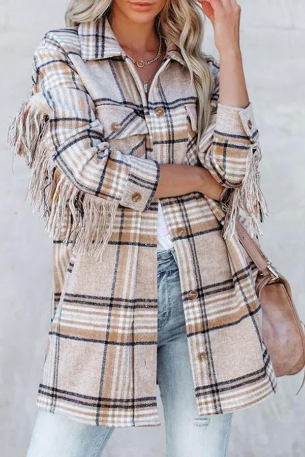 Casual Plaid Tassel Buckle Turndown Collar Outerwear