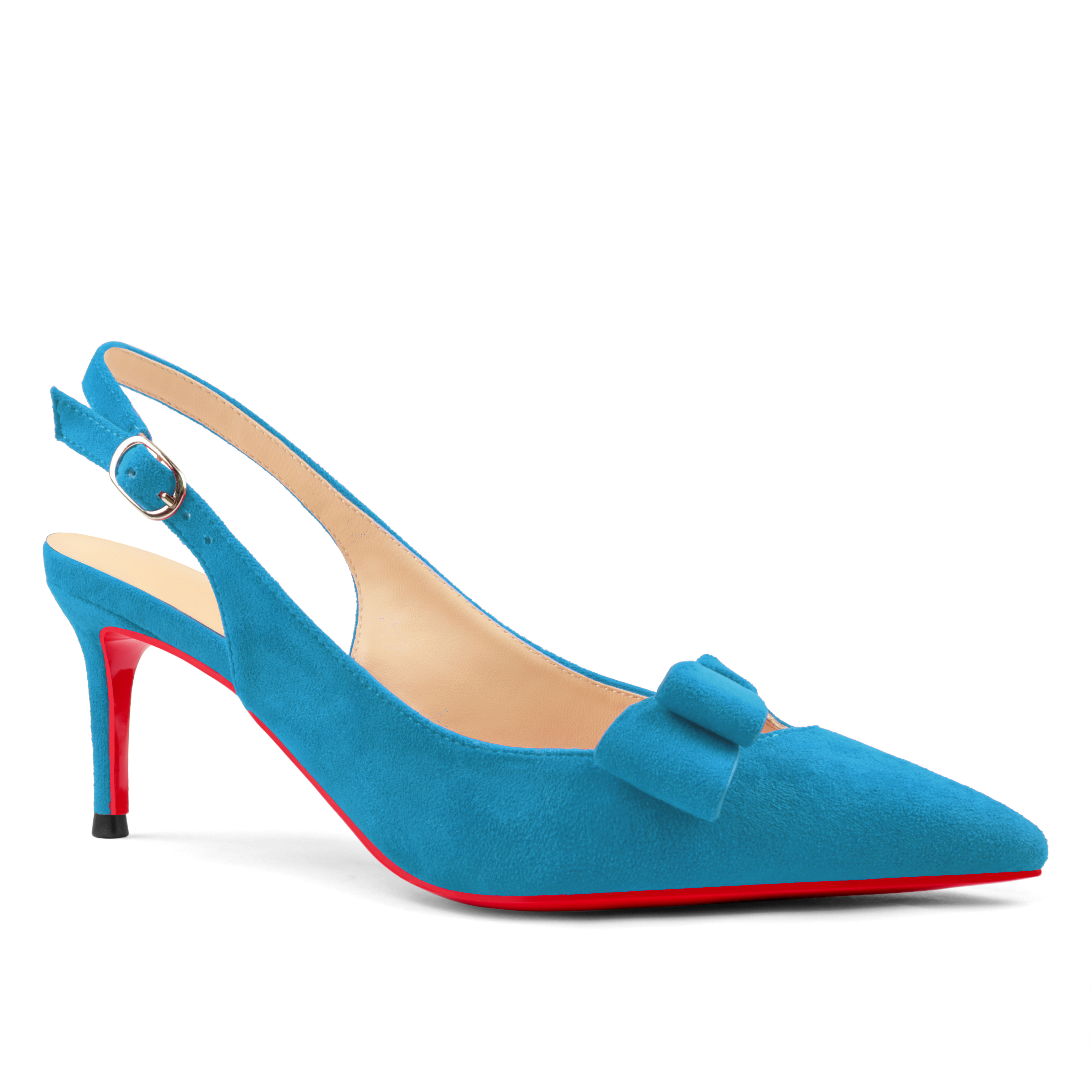 60mm Women's Pointed Toe Kitten Heels Bow-Knot Slingback Pumps Red Bottom Suede Sandals-MERUMOTE