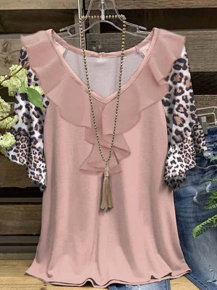Women's Summer New V-neck Chiffon Leopard Print Casual Short-sleeved T-shirt