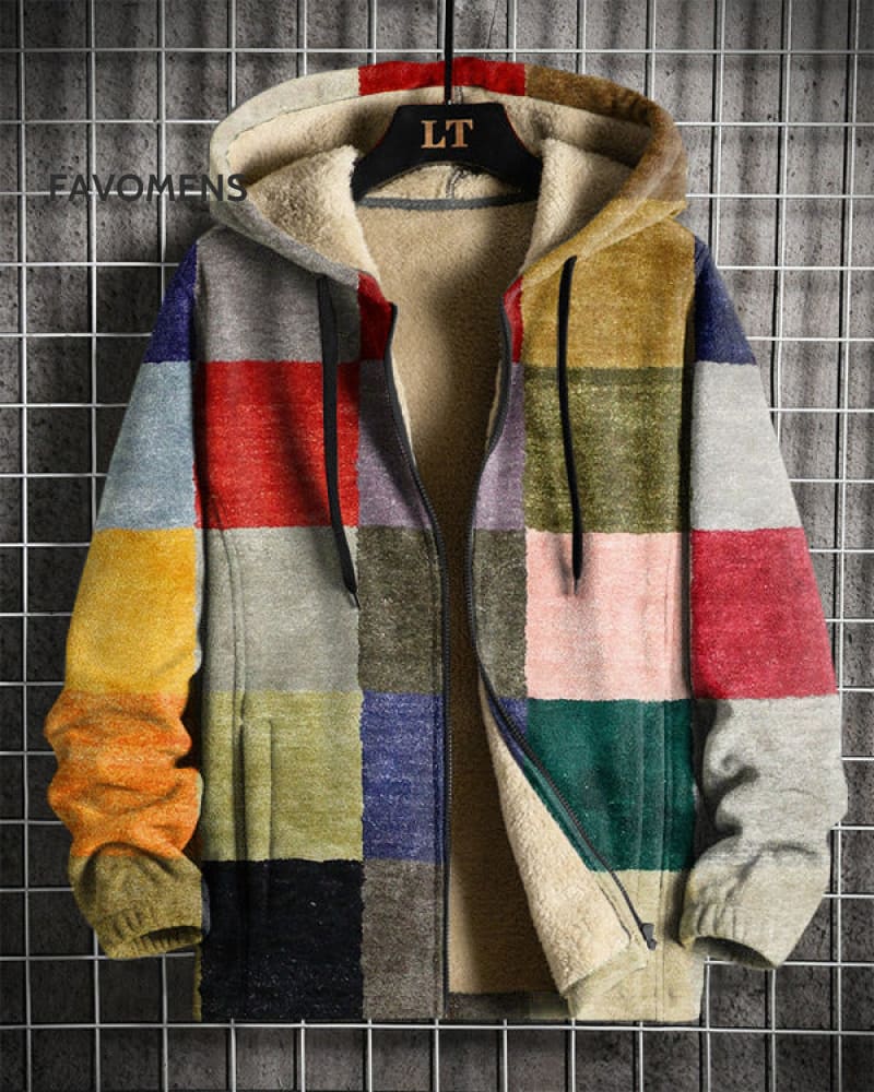 Unisex Vintage Color Block Print Jacket Hooded Cardigan As Picture / S