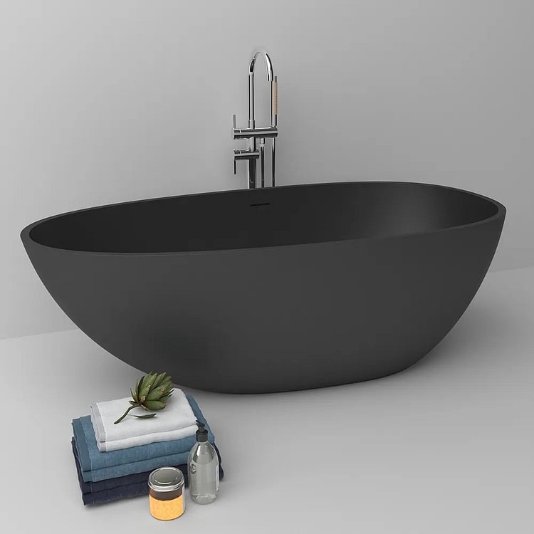 Homemys Oval Freestanding Soaking Bathtub Stone with Center Drain & Overflow in Matte Black