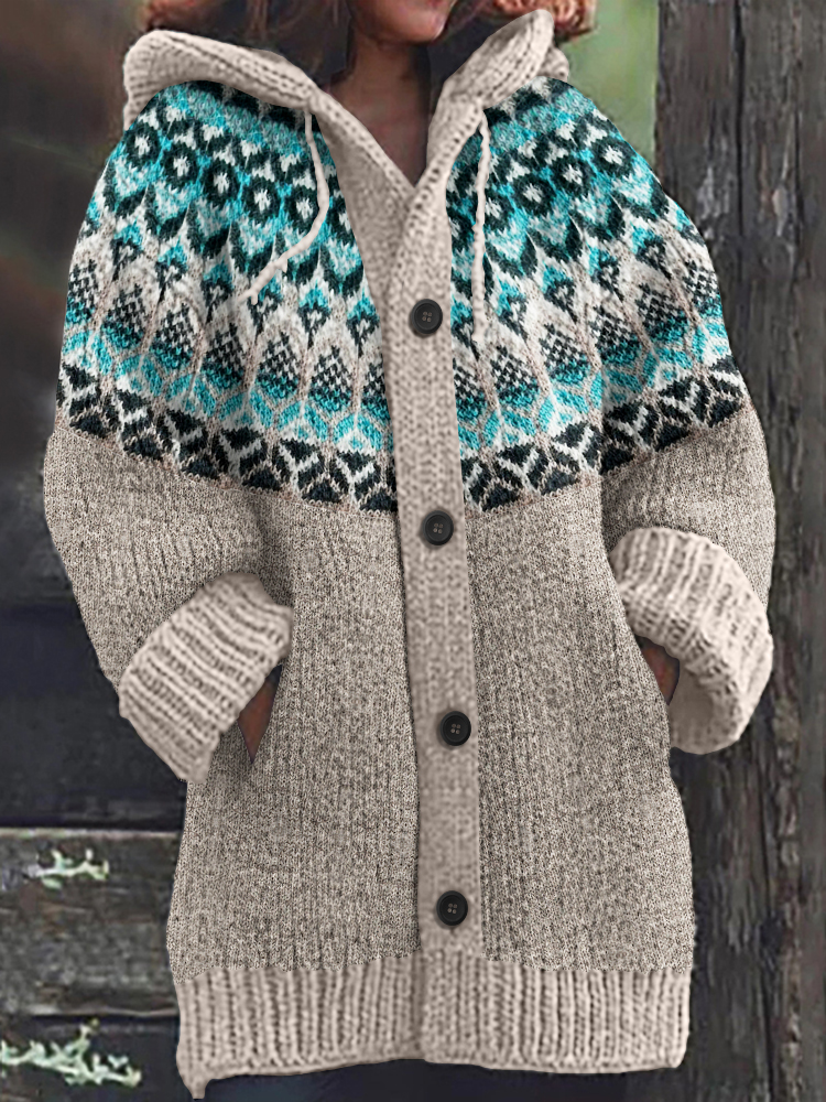 Comstylish Vintage Tribal Icelandic Knitted Pattern Cozy Cardigan Sweater