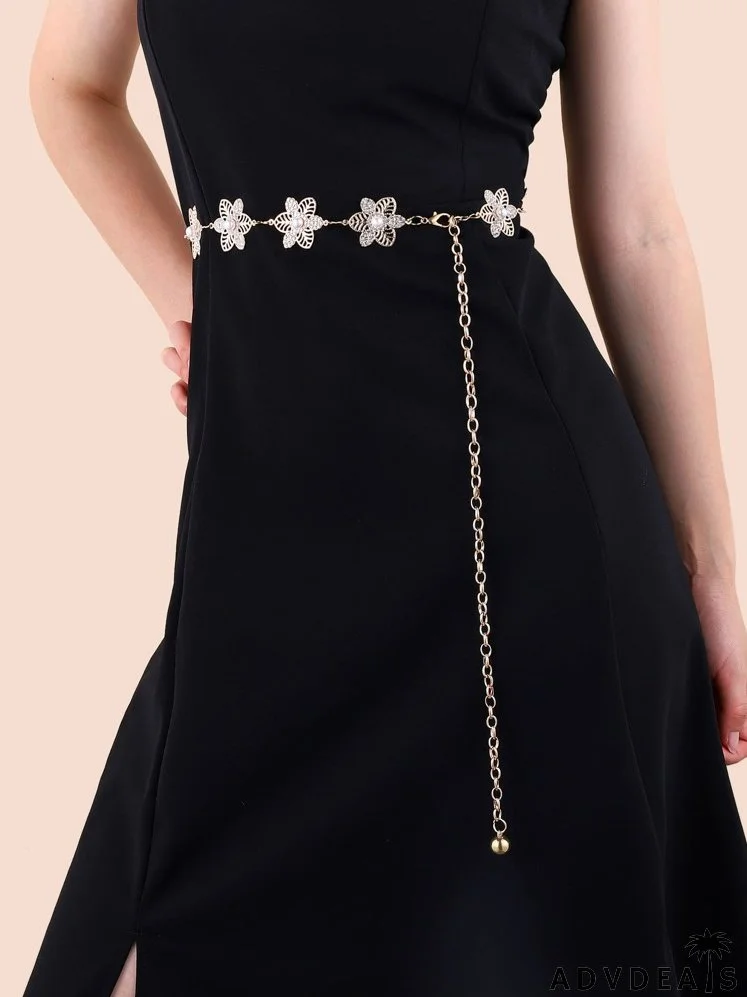 Rhinestone Flower Decor Chain Belt
