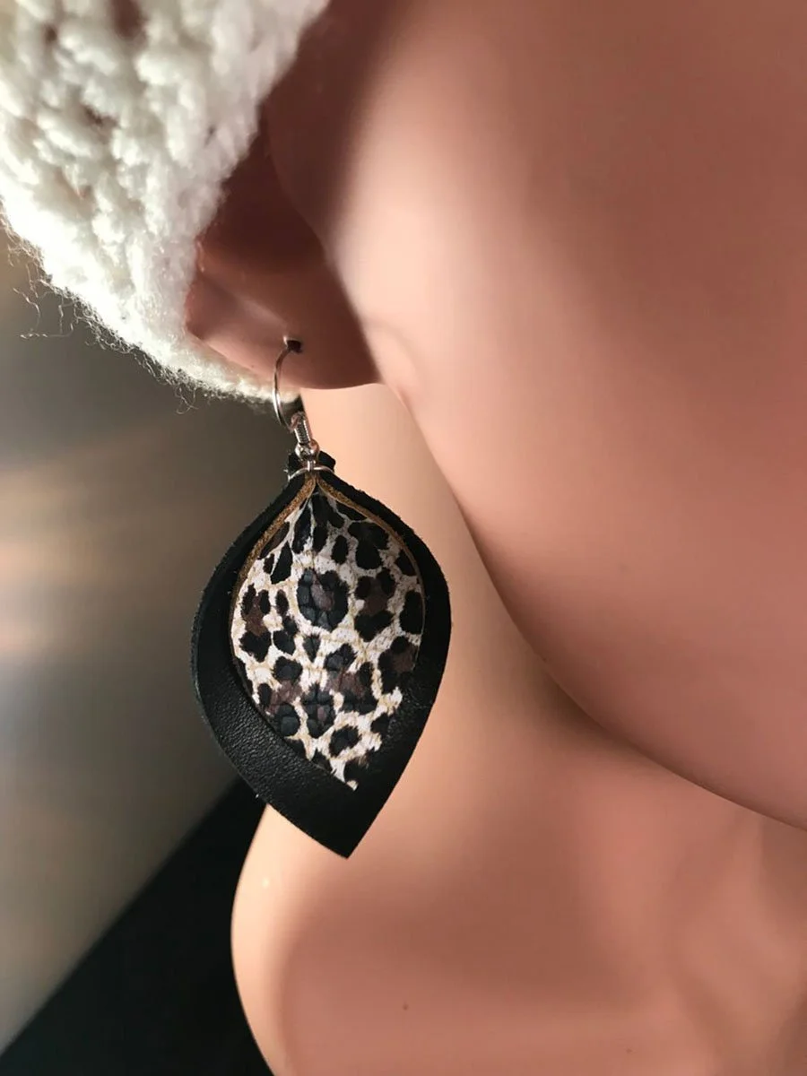 Black and Leopard Leather Earrings