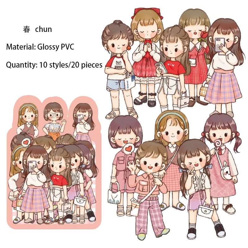 JIANWU 20 Sheets Four Seasons Girl Dressing Guide PVC Sticker Cute Character Pattern Material Fashion Decor Stickers Stationery