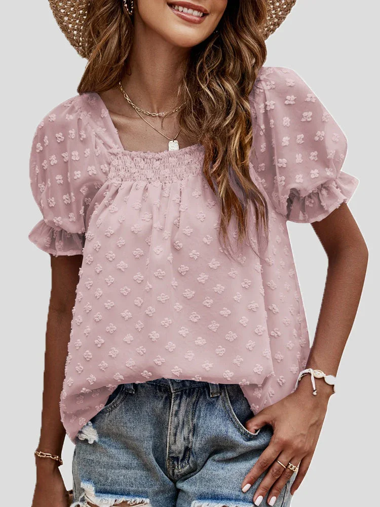 Women's Blouses Jacquard Dots Square Neck Short Sleeve Blouse