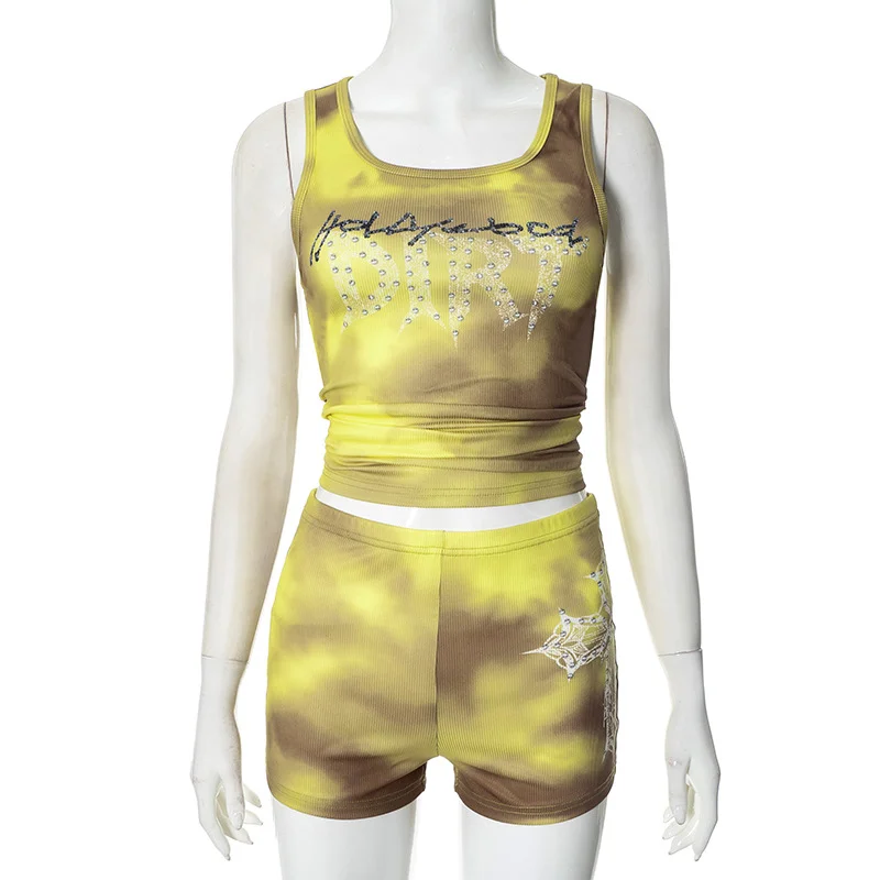 Uveng Uveng Women's Spring And Summer Vest Round Collar Dyed Print Sticker Sleeveless Tight Waist Set