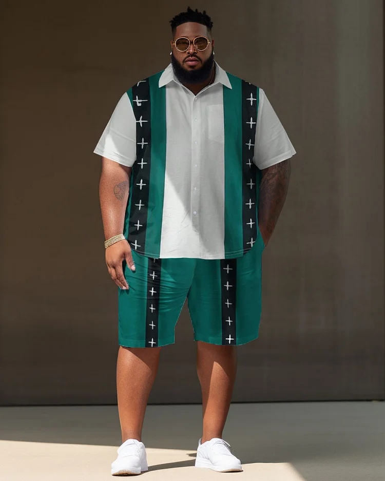 Men's Large Size Casual Color Matching Retro Elegant Street Short Shirt Shorts Suit