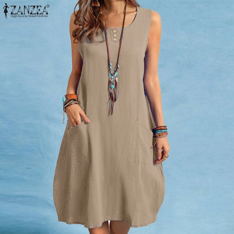 2022 ZANZEA Summer Women Elegant Sundress Bohemian O Neck Sleeveless Knee-length Dress Casual Tanks Vestido Sarafan Robe Femme 7