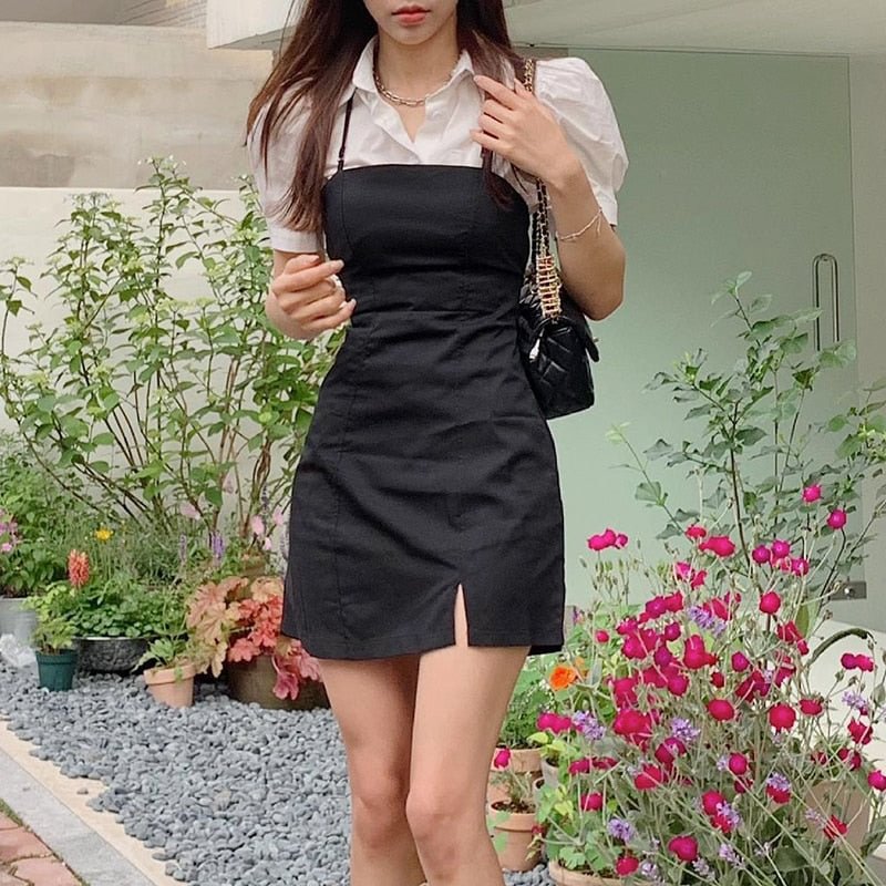 Rapcopter Tie Up Mini Dress Women Two Piece Dress Summer Side Split Cami Dress and Vintage Puff Sleeve Shirt Korean Costume Chic