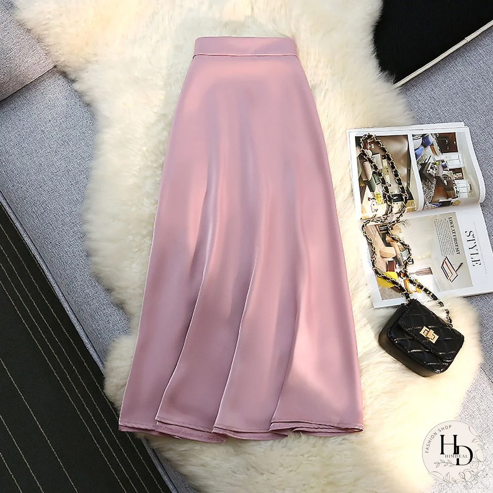 Satin Elastic High Waist Drape Skirt Women Summer New Elegant Silk A-line Long Skirt Female Vintage Faldas Mujer