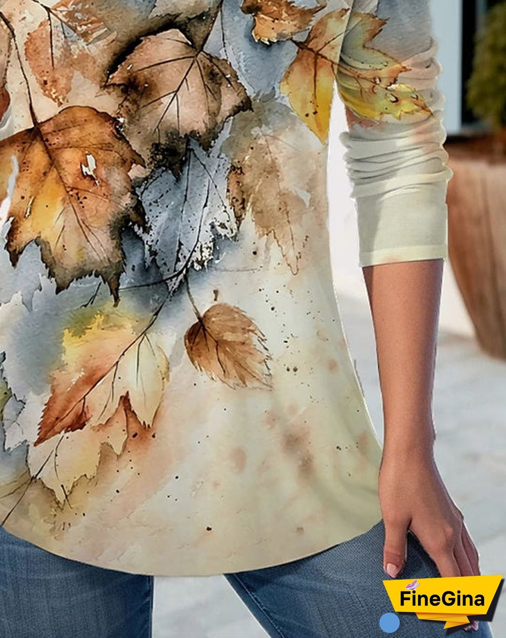 Women Long Sleeve V-neck Printed Graphic Colorblock Button Tops