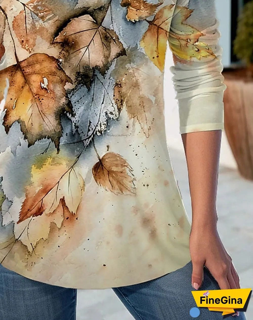 Women Long Sleeve V-neck Printed Graphic Colorblock Button Tops