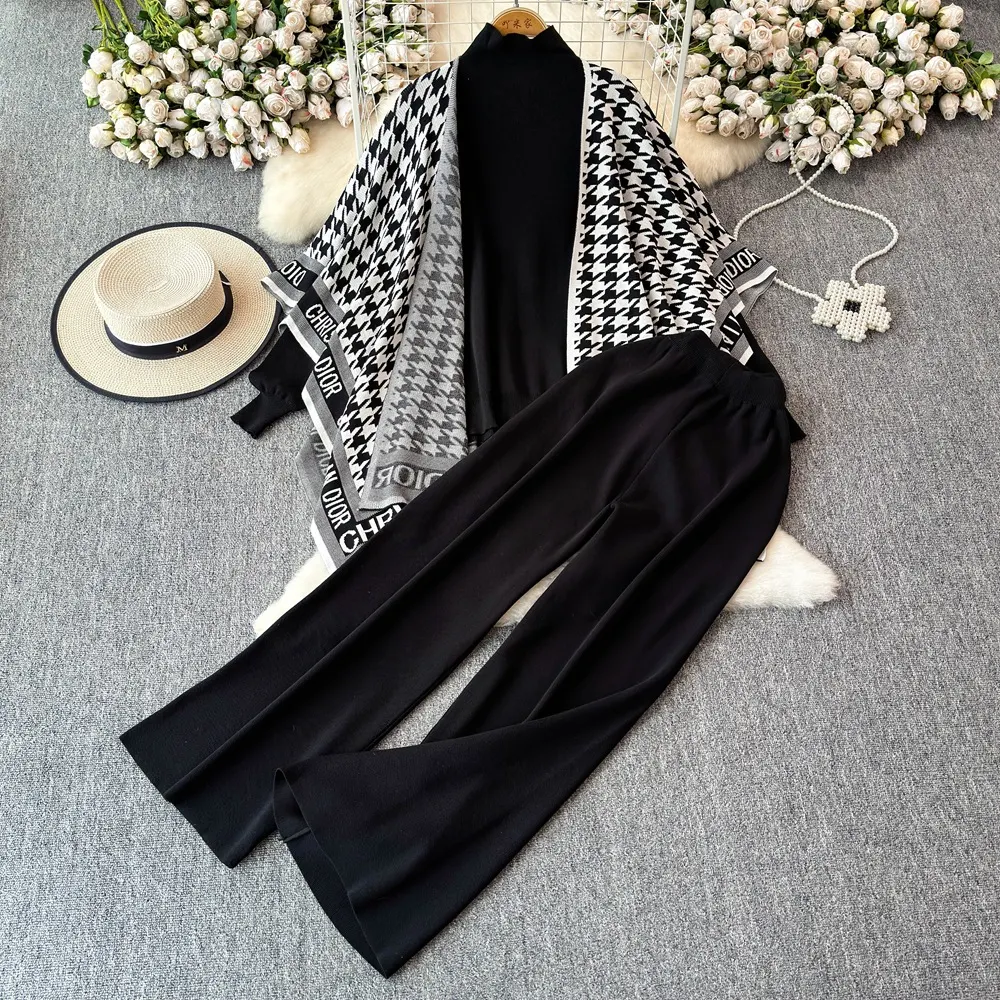 Athvotar Athvotar Version Of Chic Fashion Set Women's Long-Sleeved Knitted Top Coat + High-Rise Display Thin Leg Straight Trousers Three-Piece Set
