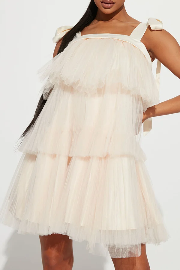 Solid Color Tulle Sweet Tiered Ruffles Mini Dress