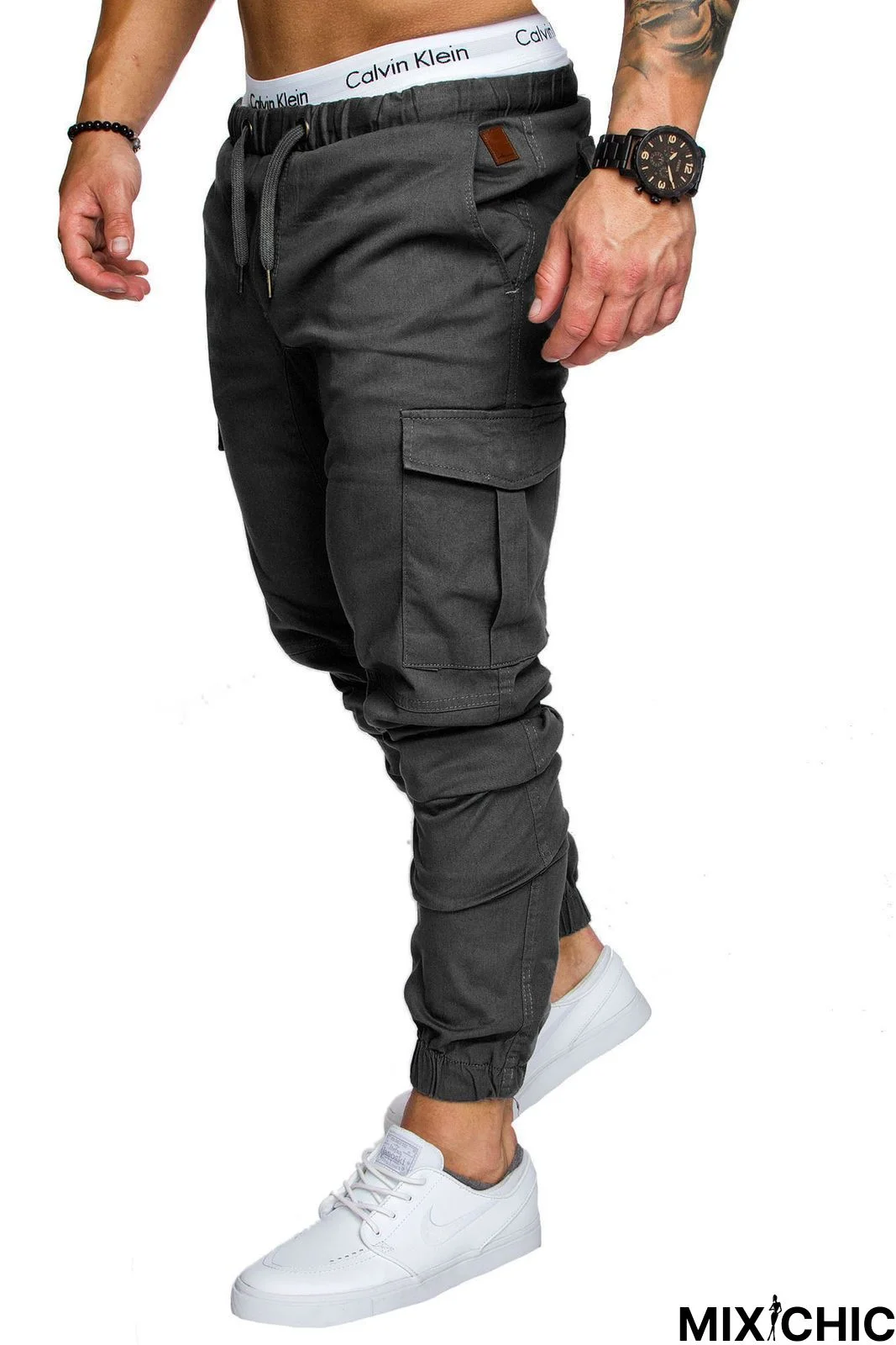 Men Casual Joggers Solid Color Pants Cotton Elastic Long Trousers